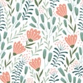 Seamless floral design with hand-drawn wild flowers. Repeated pattern vector illustration.
